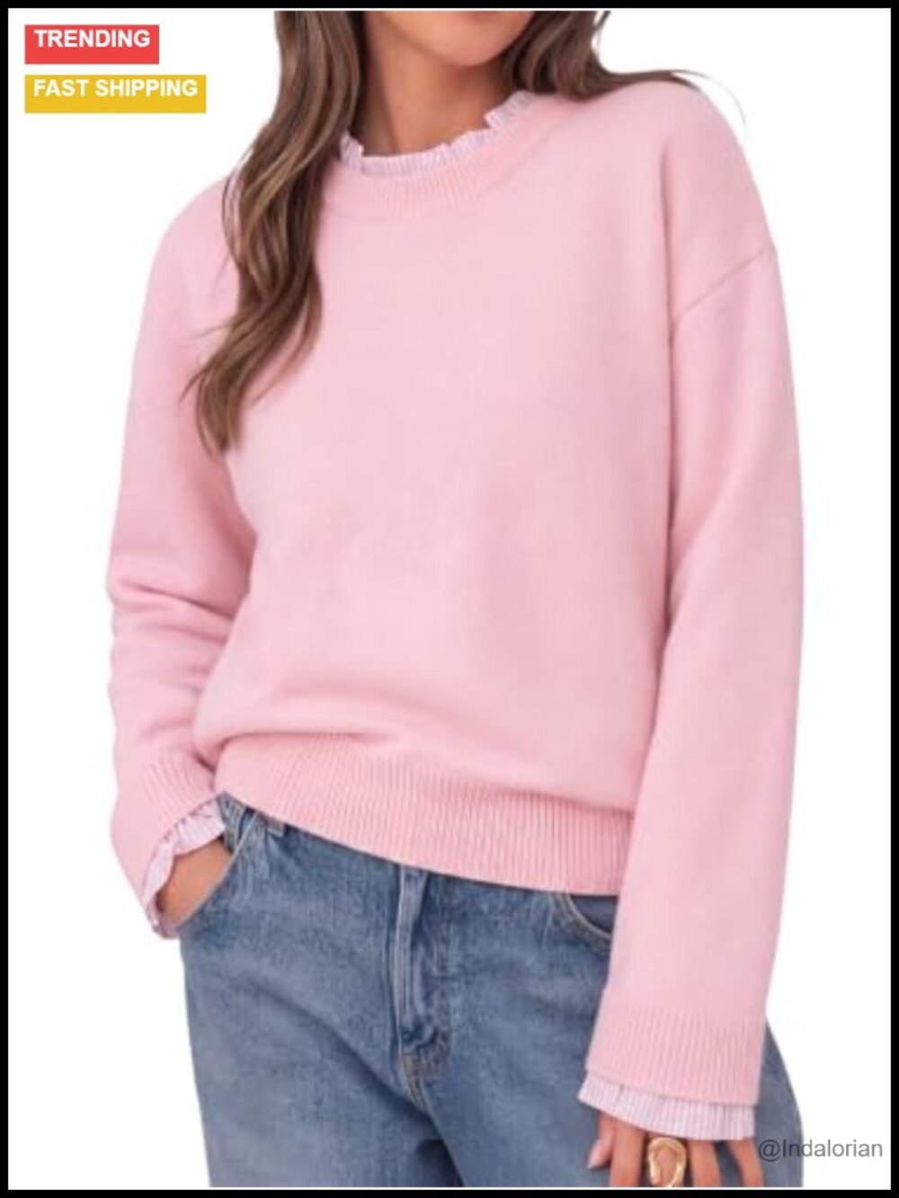 Ruffle Long Sleeve Crew Neck Patchwork Knit Sweater Pullover